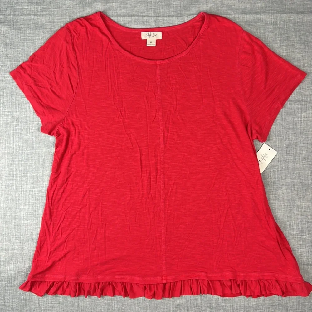 Style & Co Red Ruffle Hem Short Sleeve Top XL - Picture 2 of 5